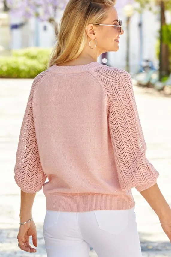 Sosandar Pink Pointelle Sleeve V Neck Jumper Women Knitwear
