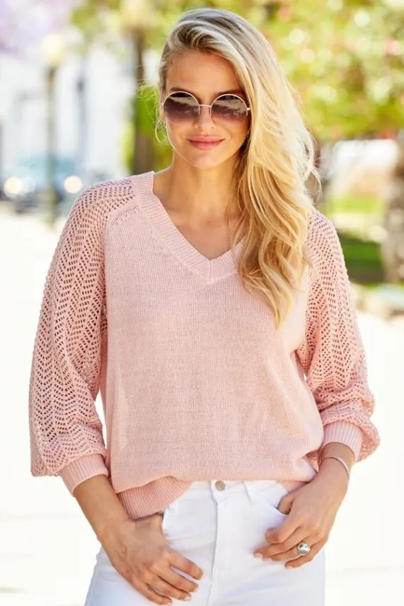 Sosandar Pink Pointelle Sleeve V Neck Jumper Women Knitwear