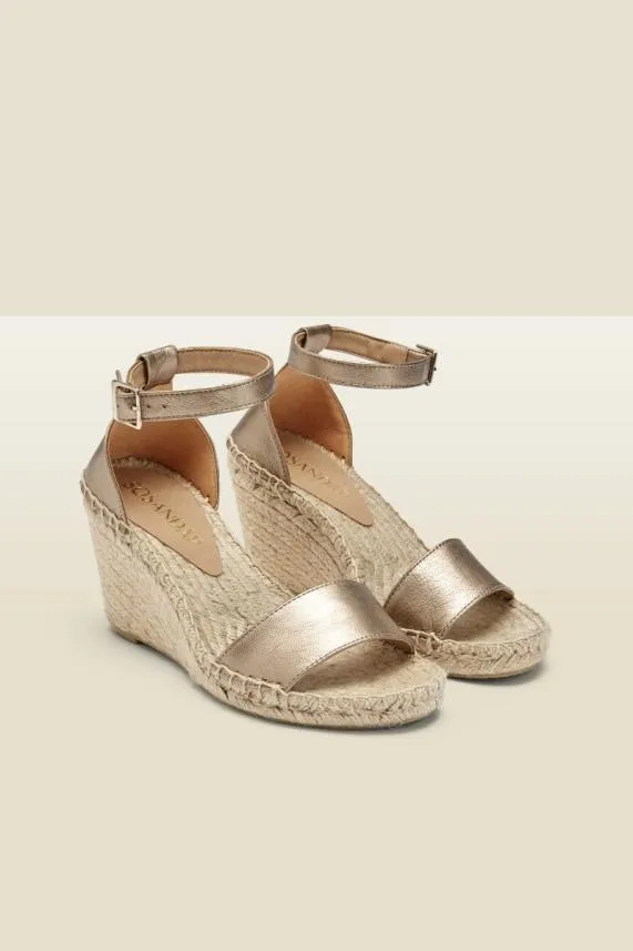 Sosandar Poesy Gold Leather Wedged Espadrille Women Sandals and Flip Flops