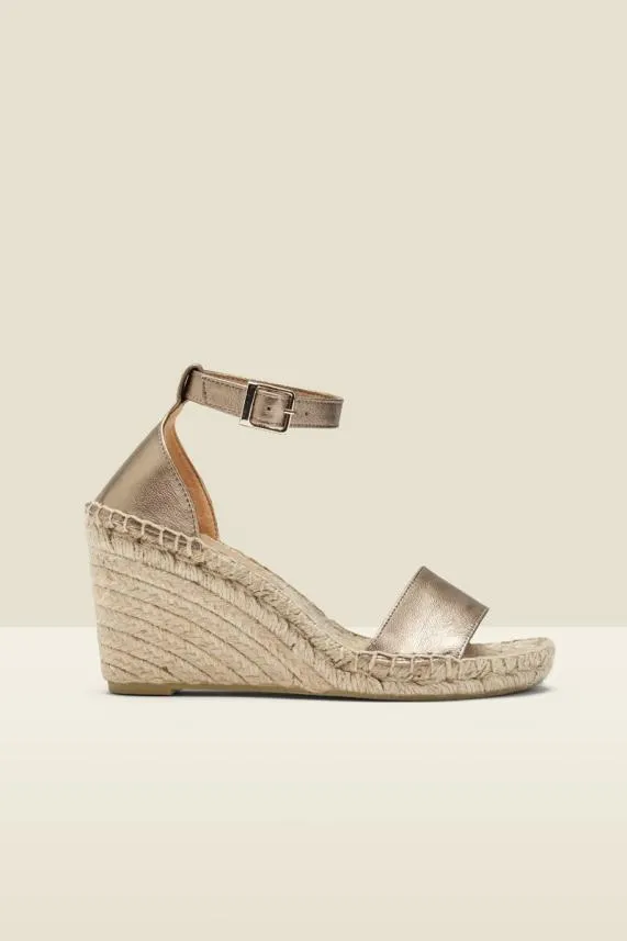 Sosandar Poesy Gold Leather Wedged Espadrille Women Sandals and Flip Flops