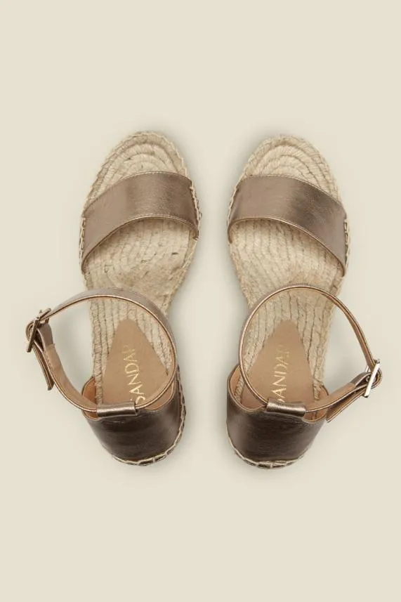 Sosandar Poesy Gold Leather Wedged Espadrille Women Sandals and Flip Flops