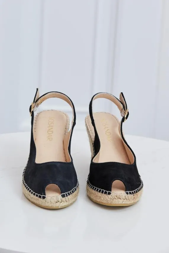 Sosandar Poppy Black Suede Peep Toe Wedge Espadrille Black Women Sandals and Flip Flops