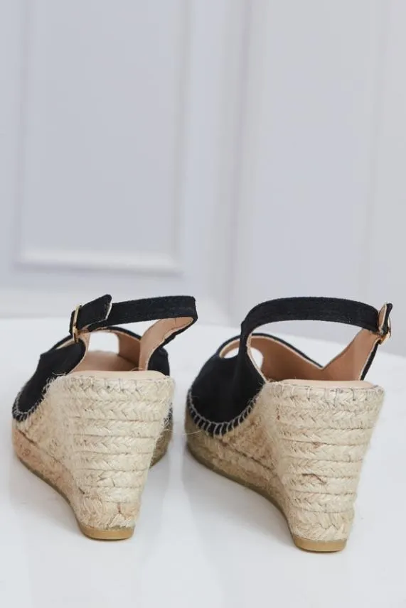 Sosandar Poppy Black Suede Peep Toe Wedge Espadrille Black Women Sandals and Flip Flops