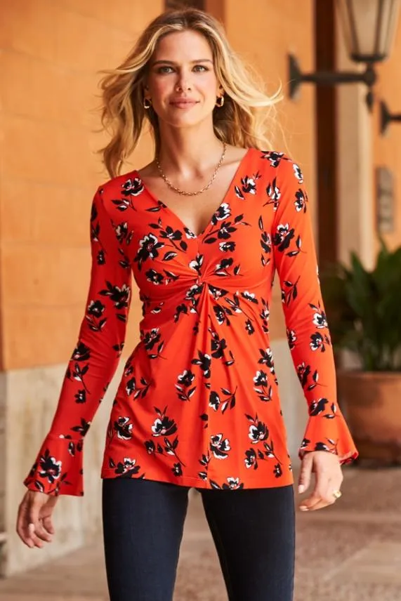 Sosandar Red and Black Floral Print Fluted Sleeve Twist Front Top Red Black Women Tops