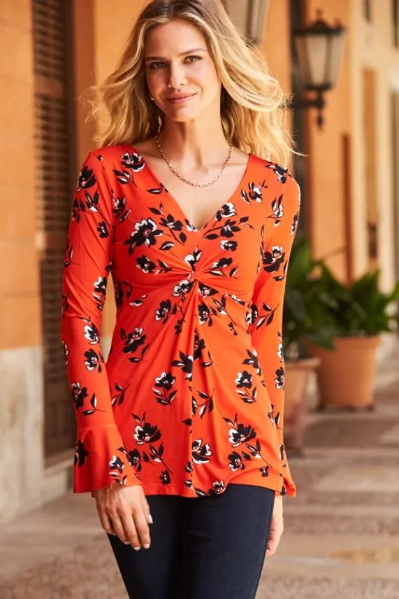 Sosandar Red and Black Floral Print Fluted Sleeve Twist Front Top Red Black Women Tops
