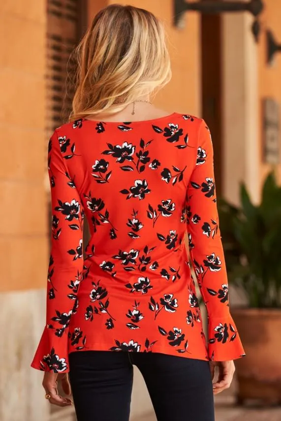 Sosandar Red and Black Floral Print Fluted Sleeve Twist Front Top Red Black Women Tops