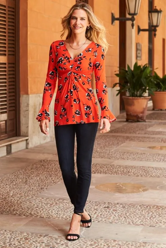 Sosandar Red and Black Floral Print Fluted Sleeve Twist Front Top Red Black Women Tops