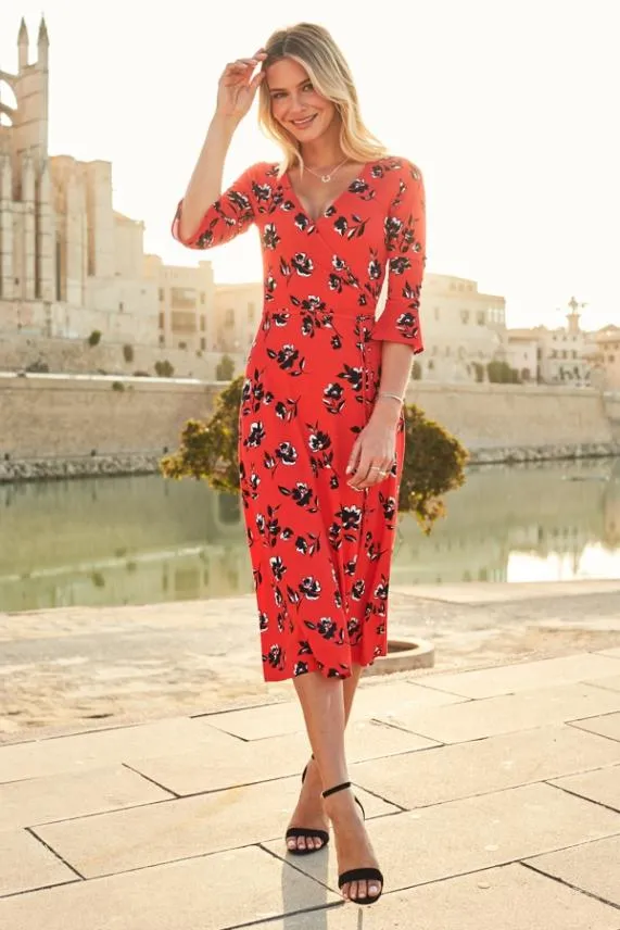 Sosandar Red and Black Floral Print Split Detail Jersey Dress Red Black Women Dresses