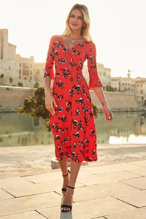 Sosandar Red and Black Floral Print Split Detail Jersey Dress Red Black Women Dresses