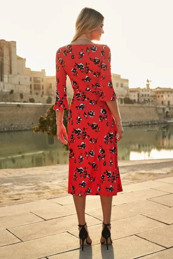 Sosandar Red and Black Floral Print Split Detail Jersey Dress Red Black Women Dresses