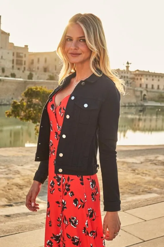 Sosandar Red and Black Floral Print Split Detail Jersey Dress Red Black Women Dresses