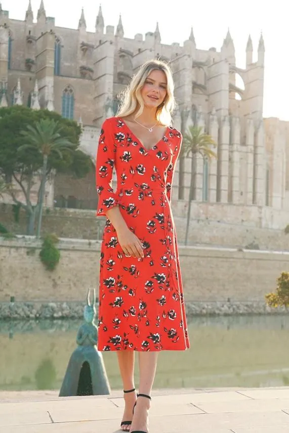 Sosandar Red and Black Floral Print Split Detail Jersey Dress Red Black Women Dresses