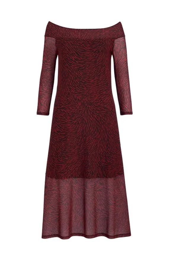 Sosandar Red and Black Print Bardot Mesh Midi Dress Red Black Women Dresses