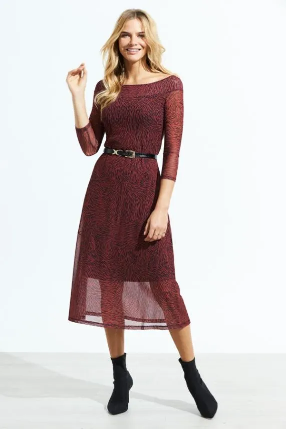 Sosandar Red and Black Print Bardot Mesh Midi Dress Red Black Women Dresses