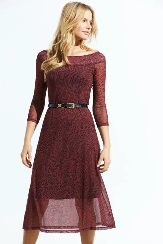 Sosandar Red and Black Print Bardot Mesh Midi Dress Red Black Women Dresses