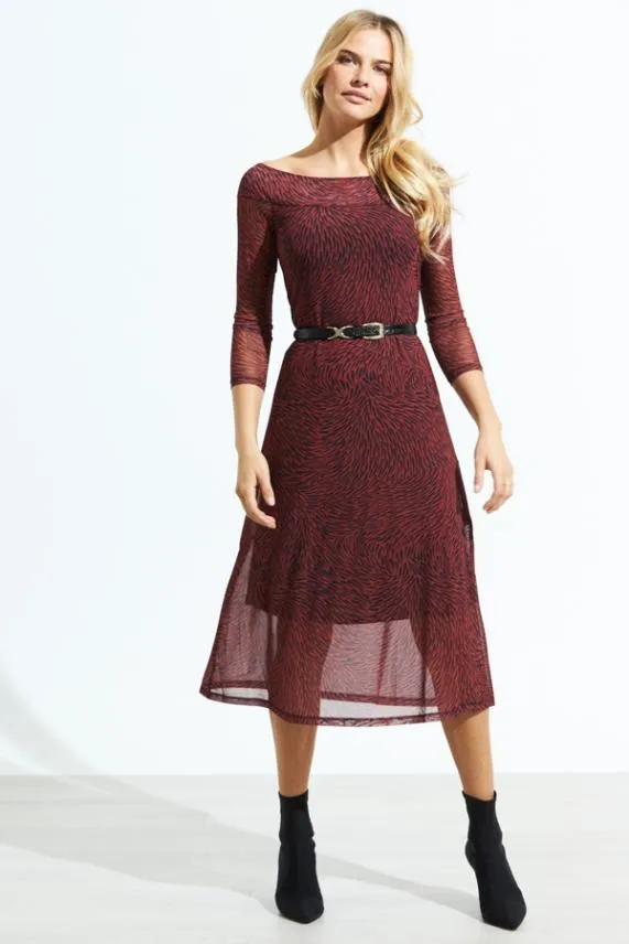 Sosandar Red and Black Print Bardot Mesh Midi Dress Red Black Women Dresses