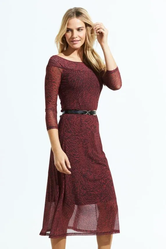 Sosandar Red and Black Print Bardot Mesh Midi Dress Red Black Women Dresses