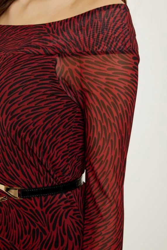 Sosandar Red and Black Print Bardot Mesh Midi Dress Red Black Women Dresses