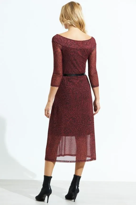 Sosandar Red and Black Print Bardot Mesh Midi Dress Red Black Women Dresses