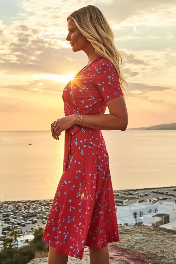 Sosandar Red and Blue Ditsy Floral Print Midi Wrap Dress Red Blue Women Dresses