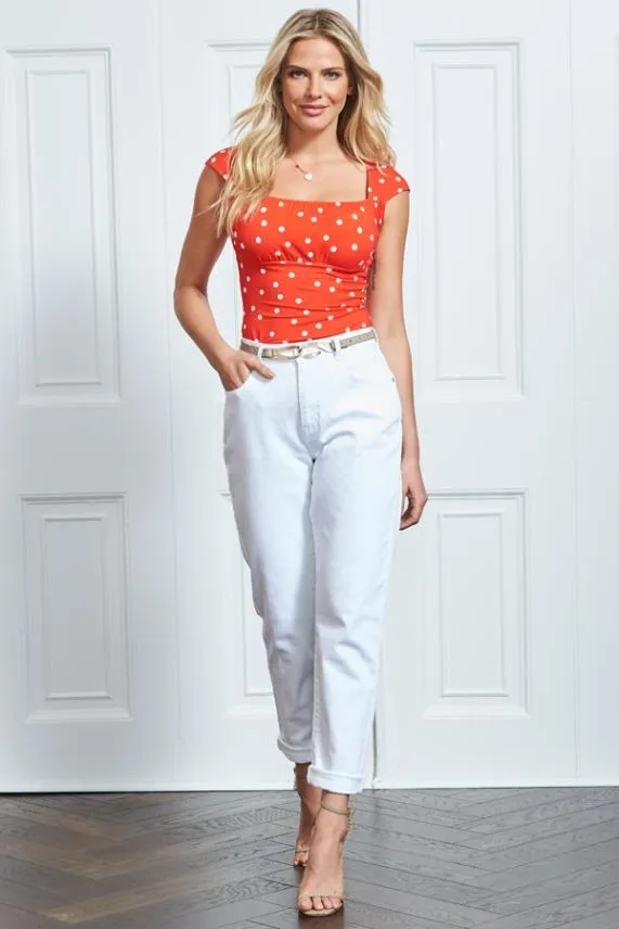 Sosandar Red and White Spot Print Square Neck Top Red White Women Tops