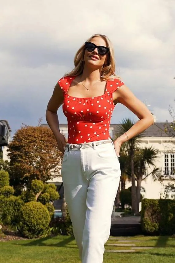 Sosandar Red and White Spot Print Square Neck Top Red White Women Tops