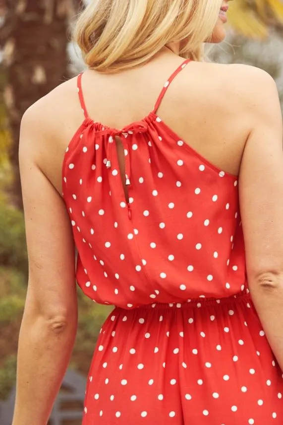 Sosandar Red and White Spot Print Stretch Waist Playsuit Red White Women Jumpsuits and Playsuits