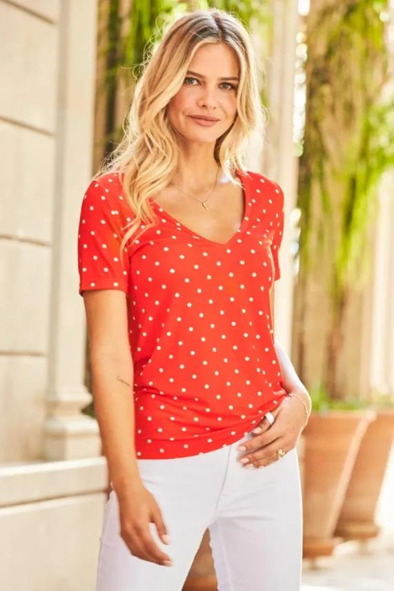 Sosandar Red and White Spot Print V Neck T Shirt Red White Women Tops