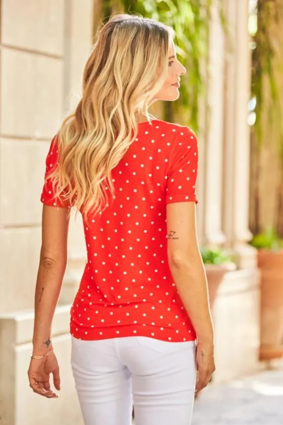 Sosandar Red and White Spot Print V Neck T Shirt Red White Women Tops
