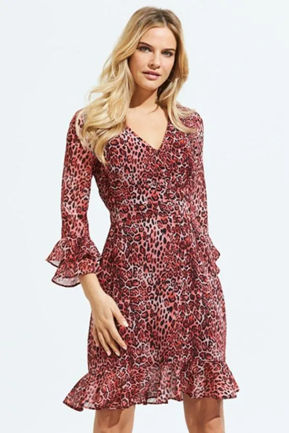 Sosandar Red Animal Print Ruffle Sleeve Fit and Flare Dress Red Women Dresses Sosandar Red Animal Print Ruffle Sleeve Fit and Flare Dress Red Women Dresses