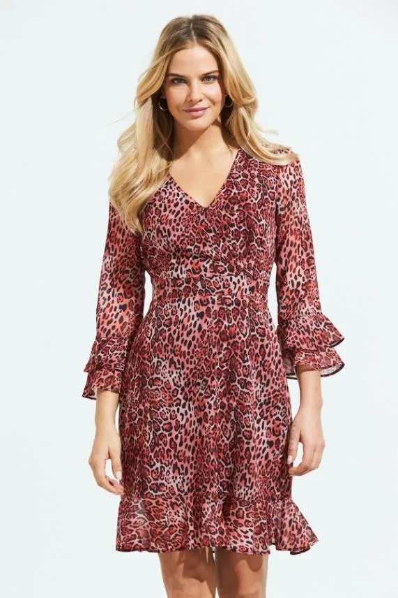 Sosandar Red Animal Print Ruffle Sleeve Fit and Flare Dress Red Women Dresses