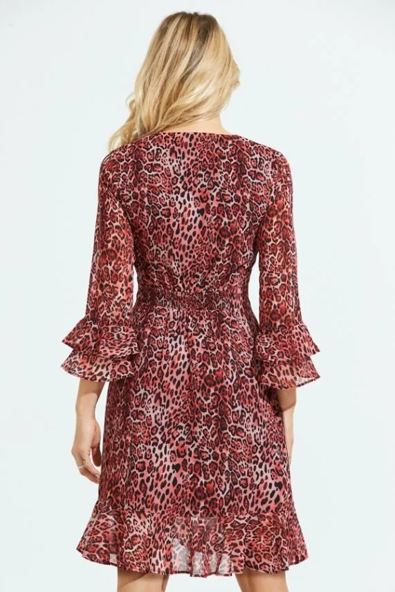 Sosandar Red Animal Print Ruffle Sleeve Fit and Flare Dress Red Women Dresses