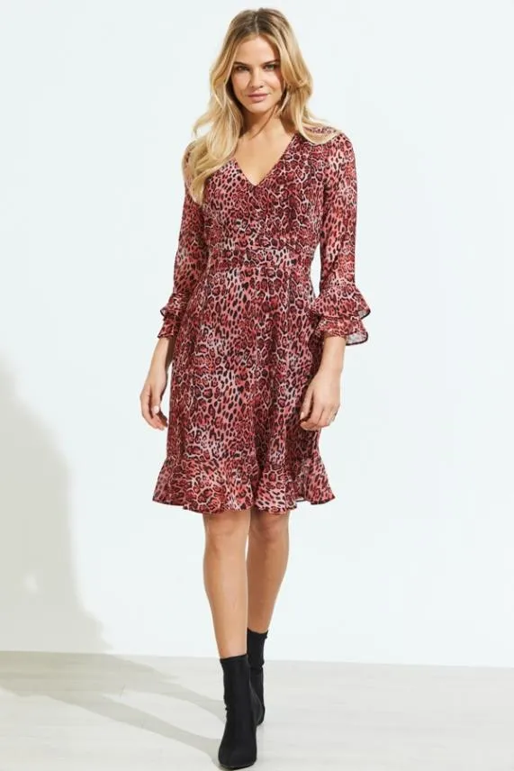 Sosandar Red Animal Print Ruffle Sleeve Fit and Flare Dress Red Women Dresses
