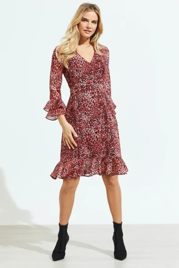 Sosandar Red Animal Print Ruffle Sleeve Fit and Flare Dress Red Women Dresses