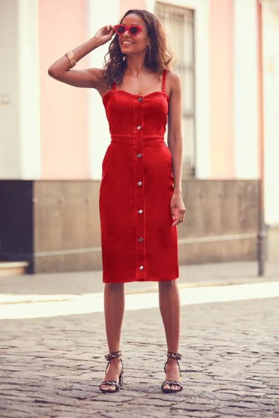 Sosandar Red Button Front Midi Denim Dress Red Women Dresses