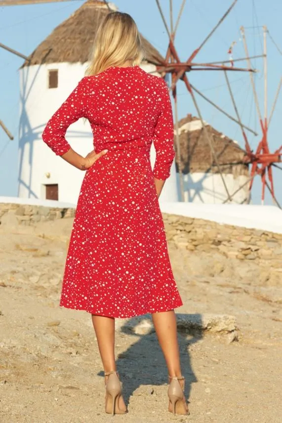 Sosandar Red Confetti Spot Print Tie Waist Shirt Dress Red Women Dresses