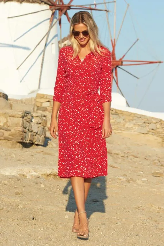 Sosandar Red Confetti Spot Print Tie Waist Shirt Dress Red Women Dresses