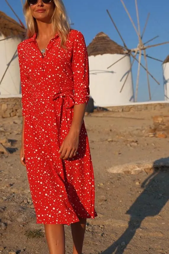 Sosandar Red Confetti Spot Print Tie Waist Shirt Dress Red Women Dresses