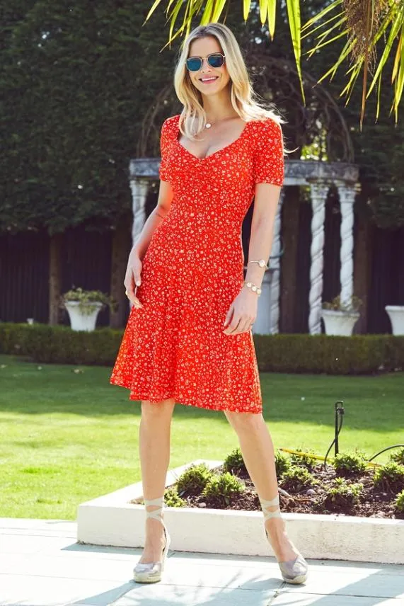 Sosandar Red Ditsy Print Sweetheart Neck Fit and Flare Dress Red Women Dresses