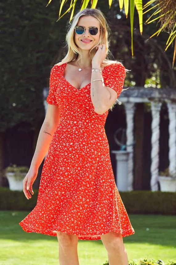Sosandar Red Ditsy Print Sweetheart Neck Fit and Flare Dress Red Women Dresses