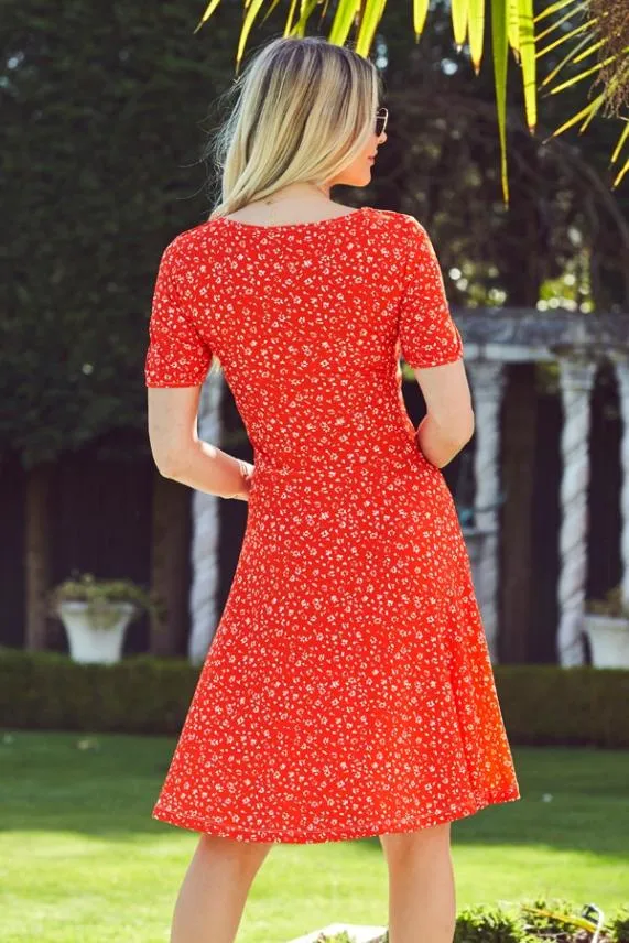Sosandar Red Ditsy Print Sweetheart Neck Fit and Flare Dress Red Women Dresses