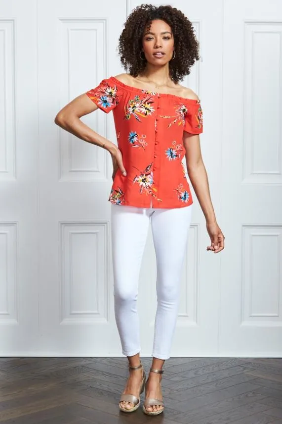 Sosandar Red Floral Button Front Bardot Top Red Women Tops