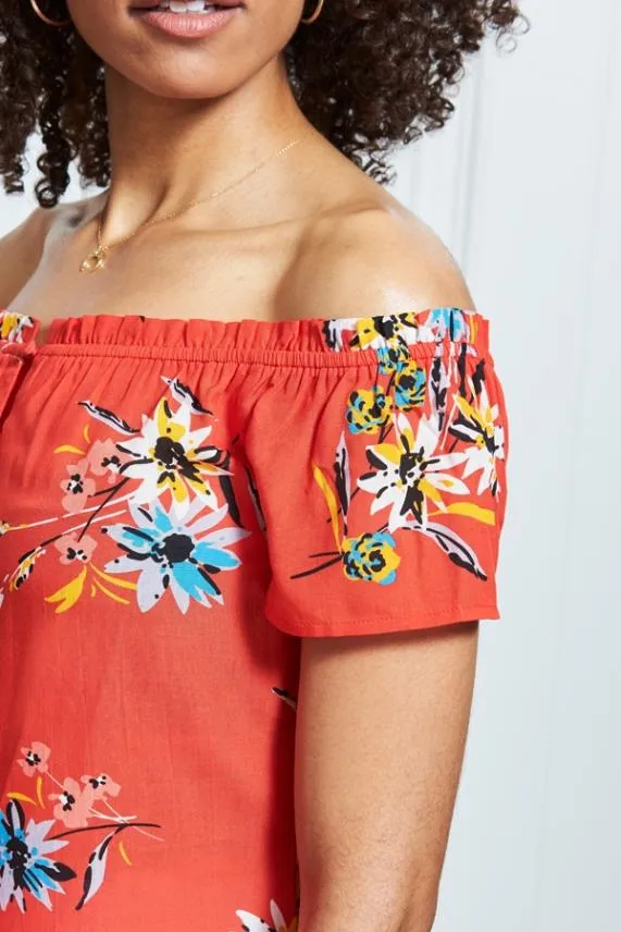 Sosandar Red Floral Button Front Bardot Top Red Women Tops