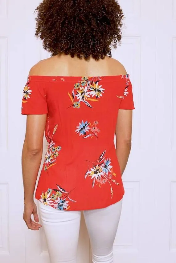 Sosandar Red Floral Button Front Bardot Top Red Women Tops