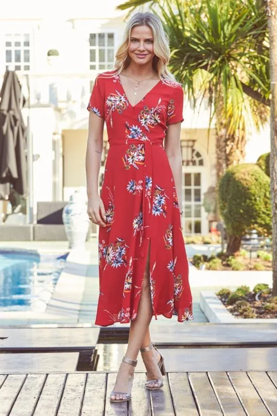Sosandar Red Floral Print Split Front Maxi Dress Red Women Dresses