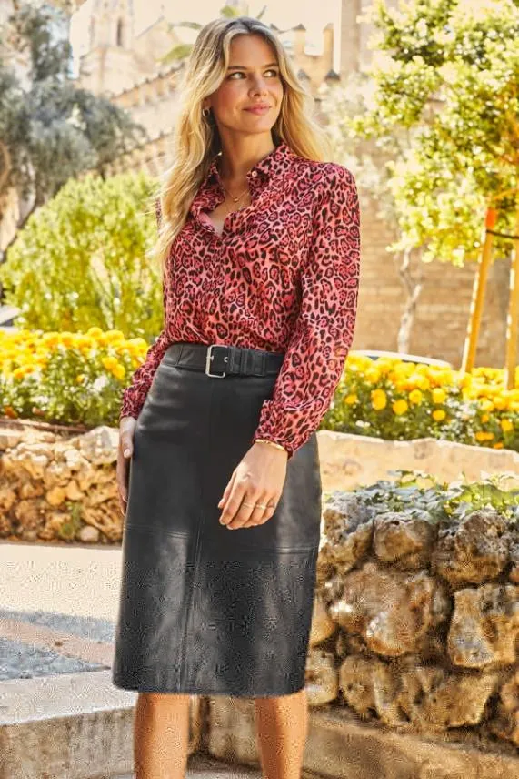 Sosandar Red Leopard Print Blouson Sleeve Shirt Red Women Tops