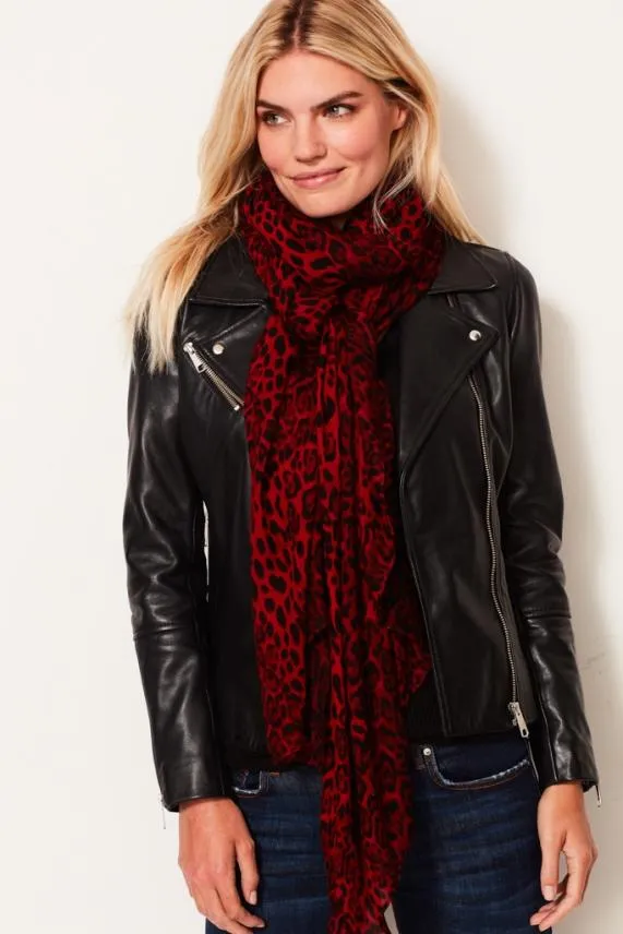 Sosandar Red Leopard Print Scarf Red Women Hats Scarves and Gloves