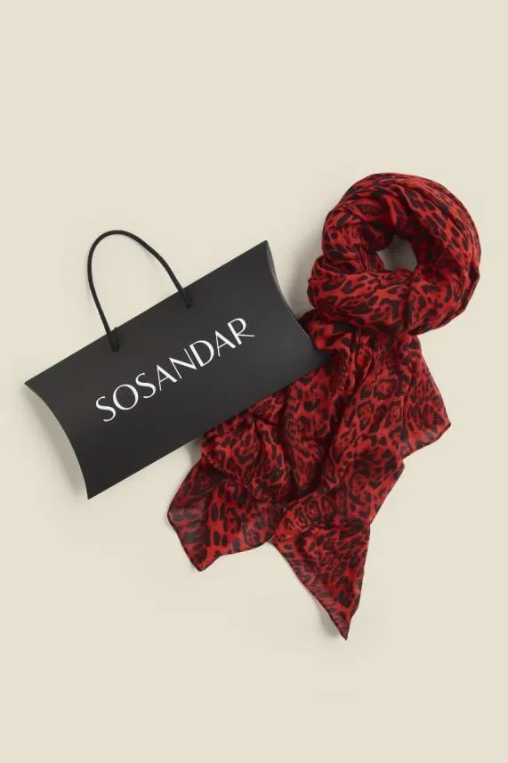 Sosandar Red Leopard Print Scarf Red Women Hats Scarves and Gloves