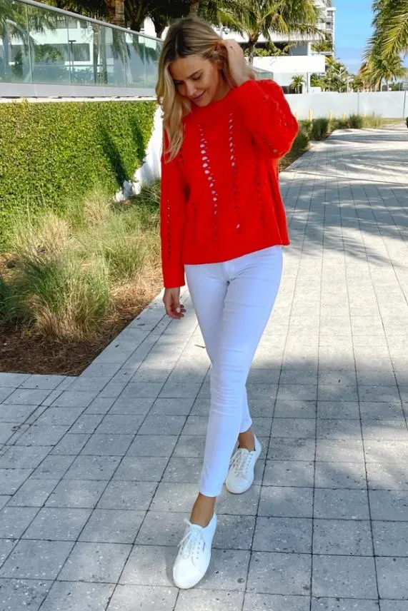 Sosandar Red Open Stitch Cable Knit Jumper Red Women Knitwear