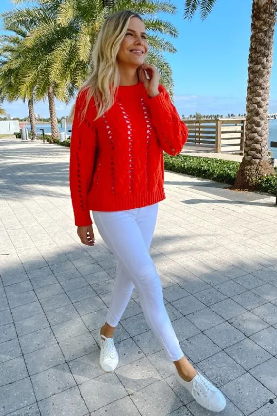 Sosandar Red Open Stitch Cable Knit Jumper Red Women Knitwear